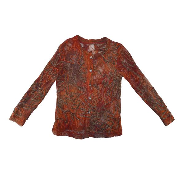 Vintage Sheer Burnt Orange Embroidered Lace Mesh Button-Up Top Boho Whimsy Goth - Picture 9 of 14